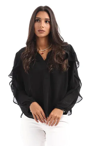 95535 Ruffled Detail V-Neck Black Top