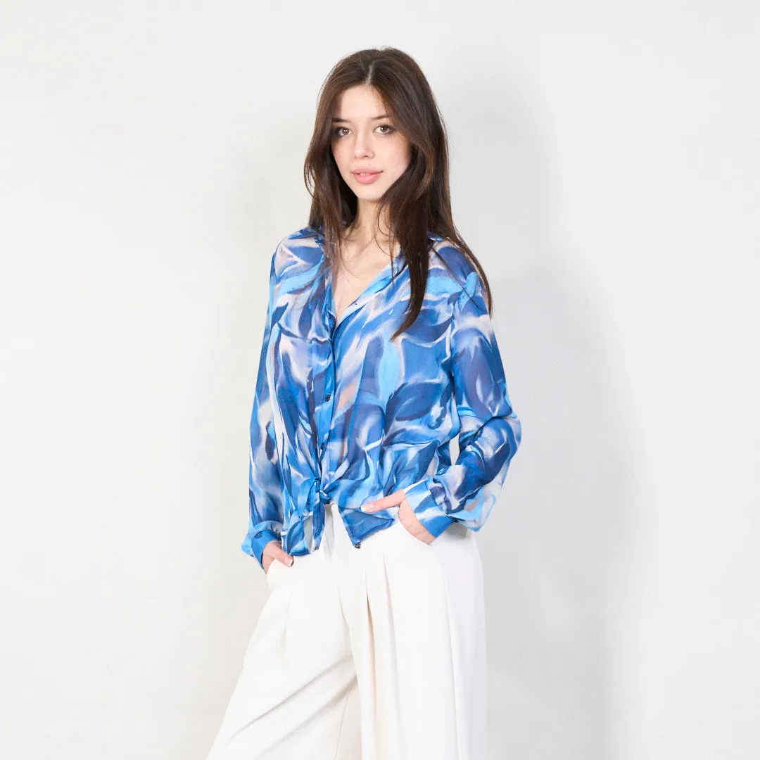 Abstract print long sleeve blouse with front tie wholesale