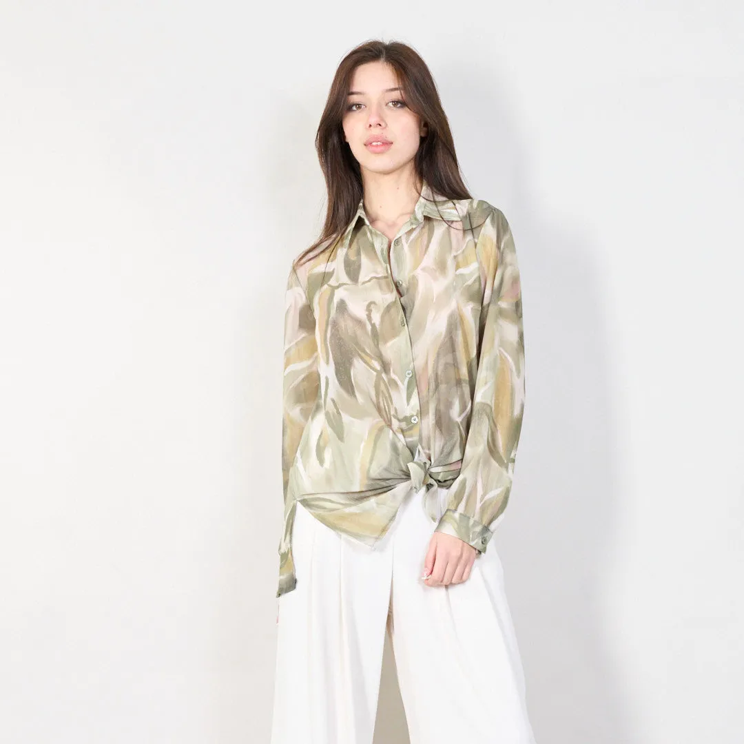 Abstract print long sleeve blouse with front tie wholesale
