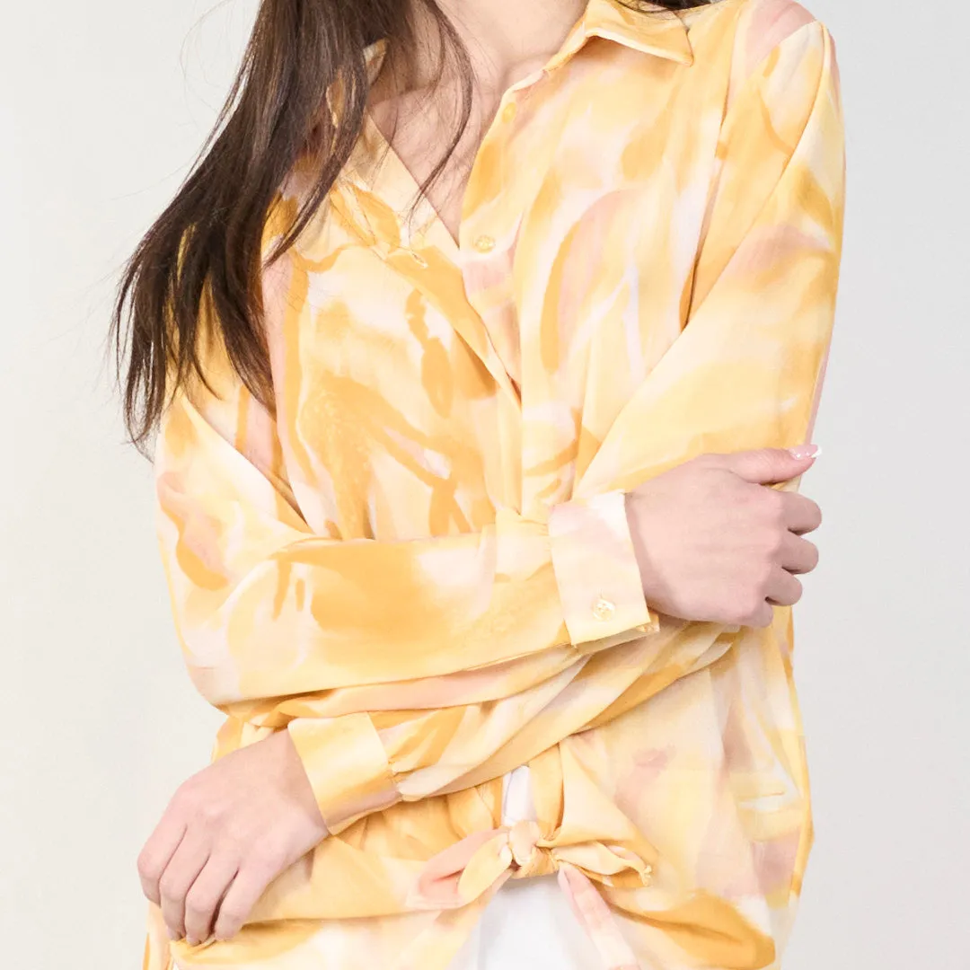 Abstract print long sleeve blouse with front tie wholesale