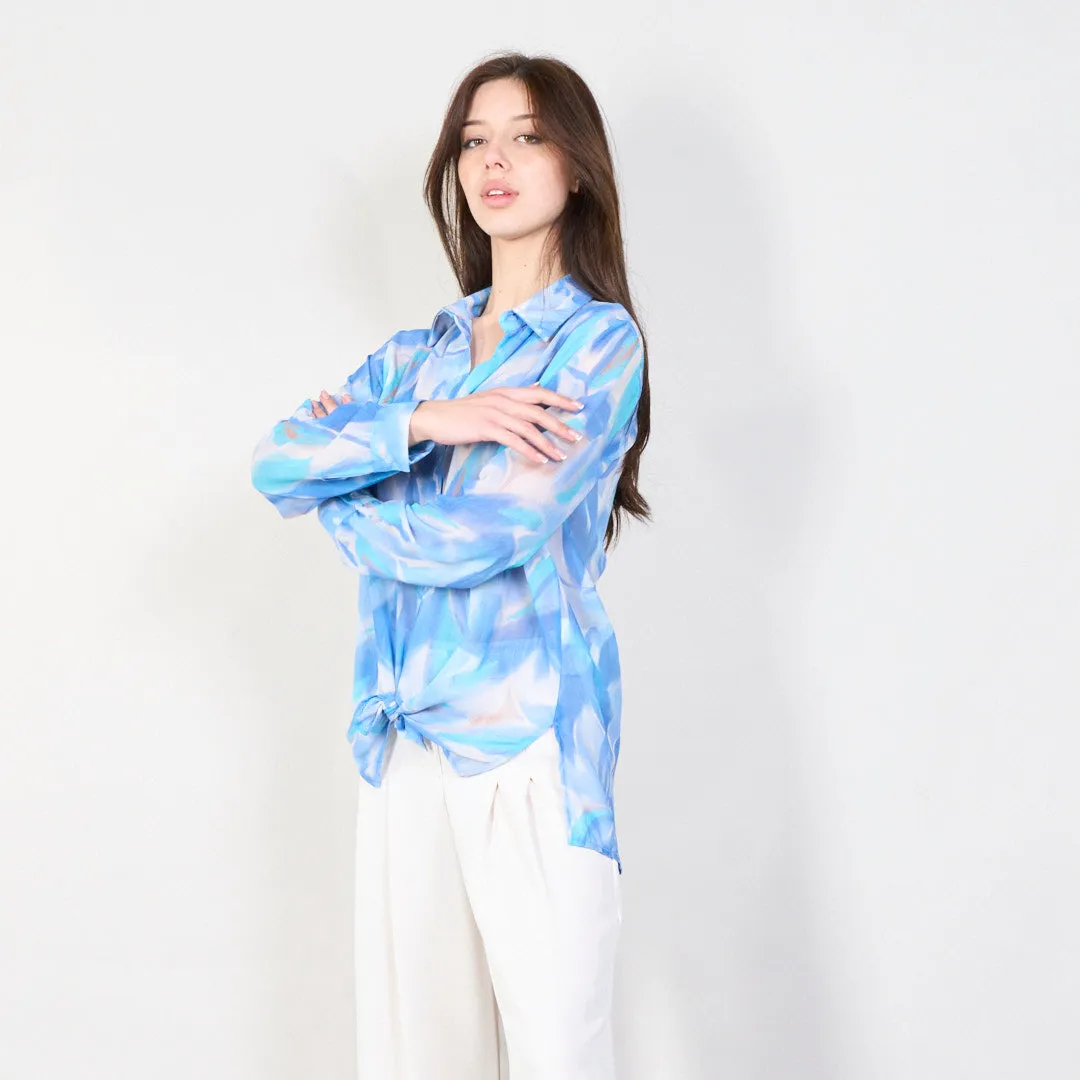Abstract print long sleeve blouse with front tie wholesale