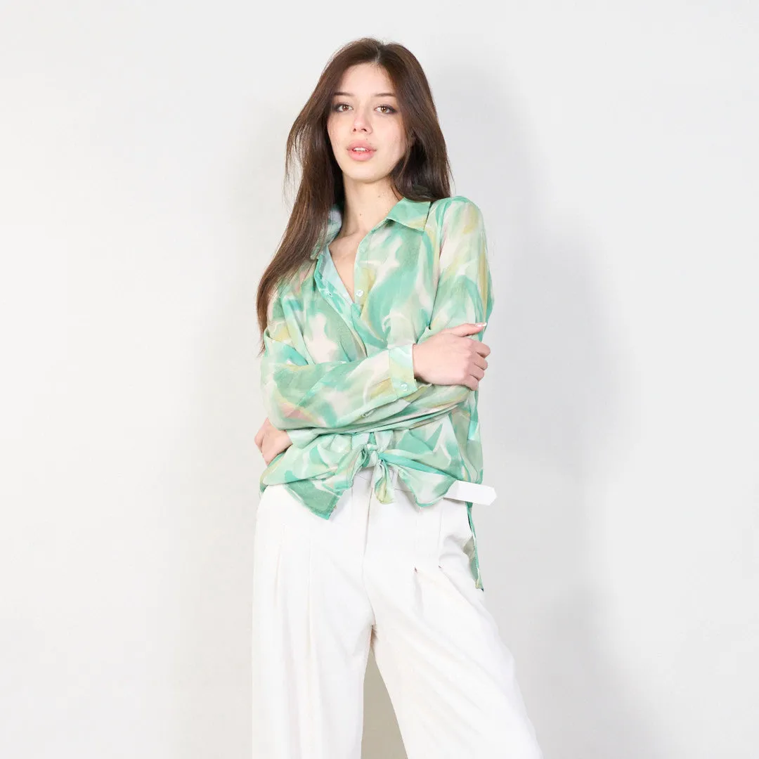 Abstract print long sleeve blouse with front tie wholesale