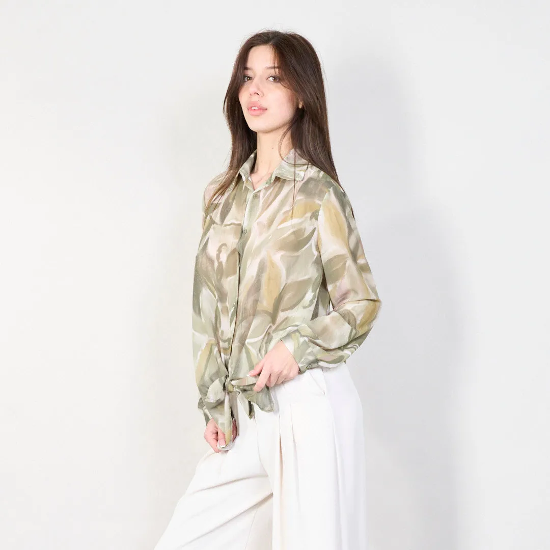 Abstract print long sleeve blouse with front tie wholesale