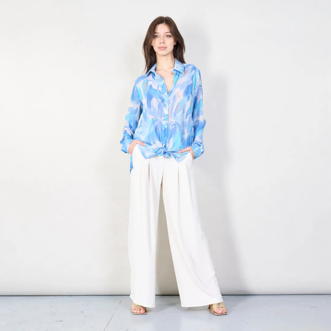 Abstract print long sleeve blouse with front tie wholesale