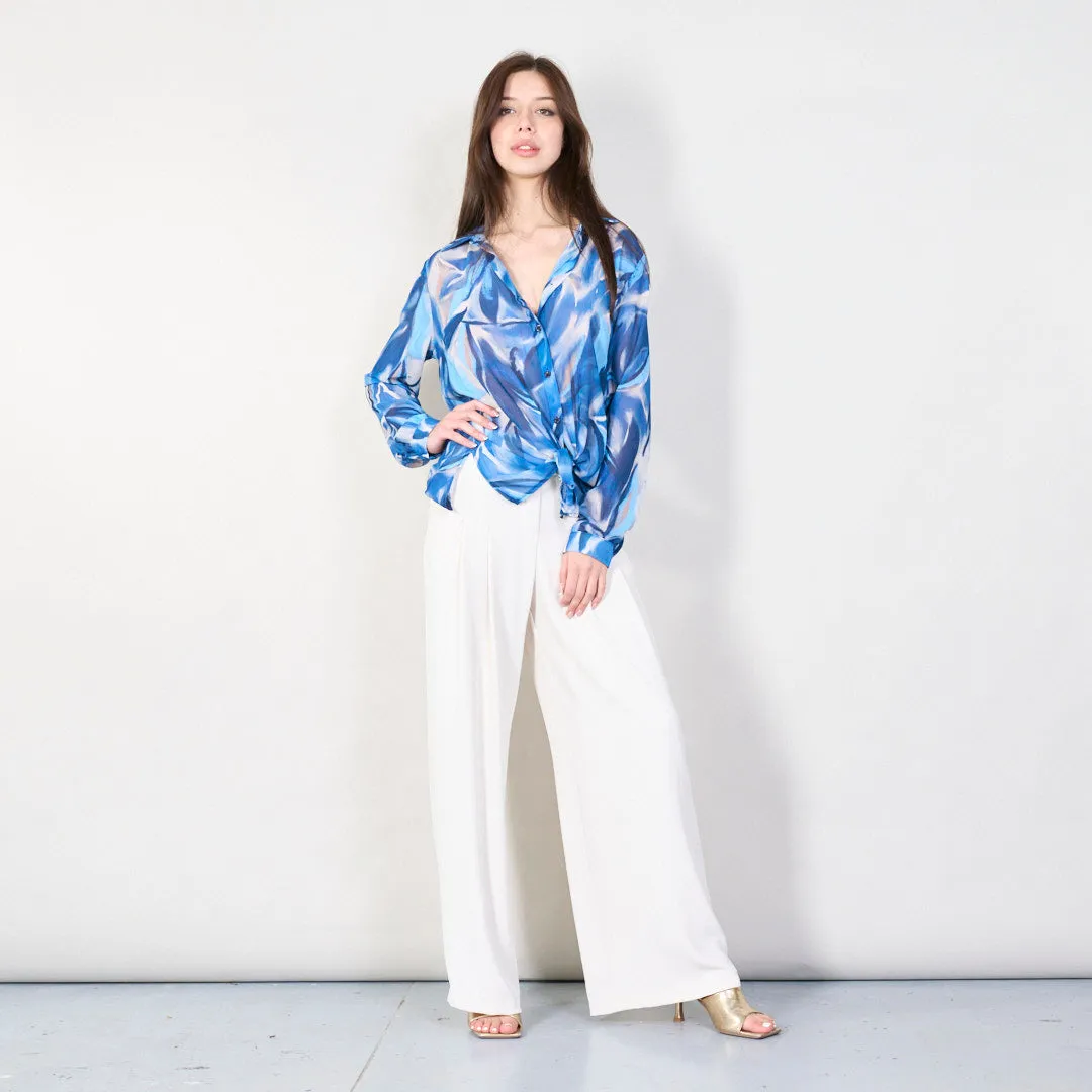 Abstract print long sleeve blouse with front tie wholesale