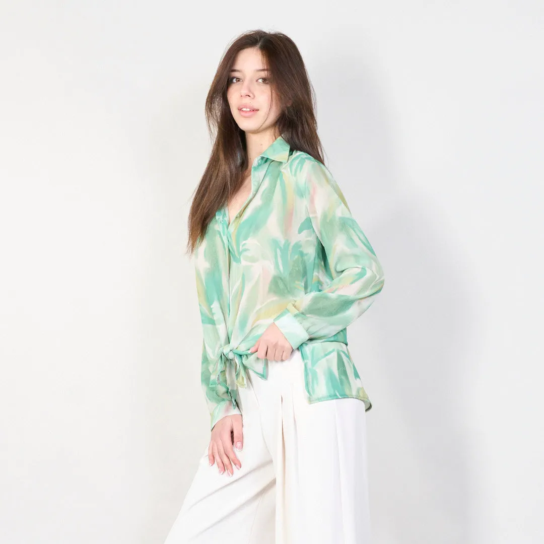 Abstract print long sleeve blouse with front tie wholesale