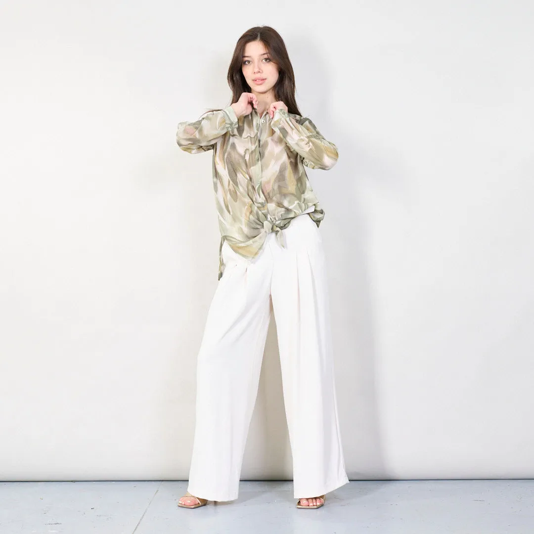 Abstract print long sleeve blouse with front tie wholesale