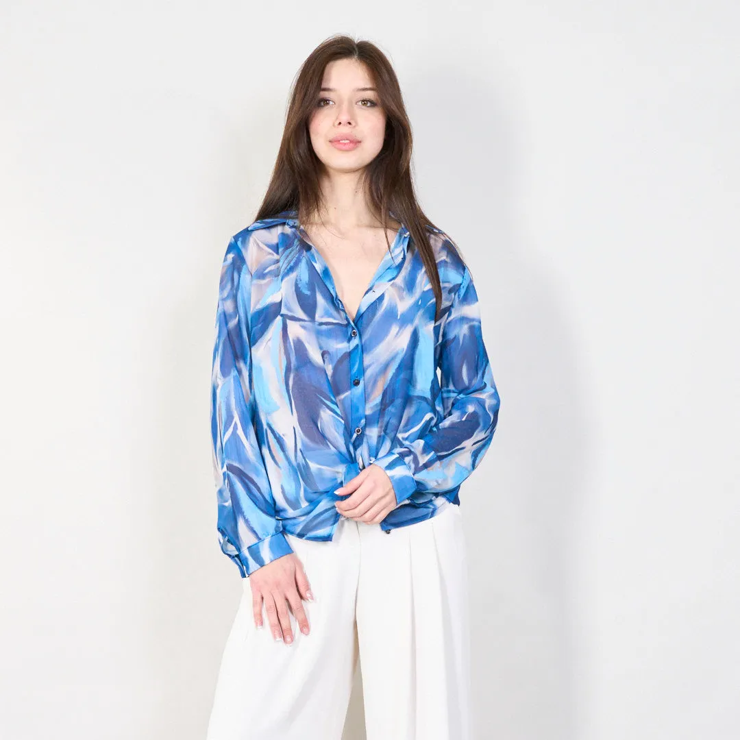 Abstract print long sleeve blouse with front tie wholesale