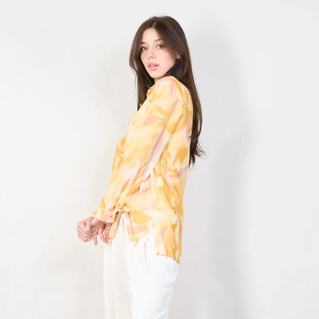 Abstract print long sleeve blouse with front tie wholesale