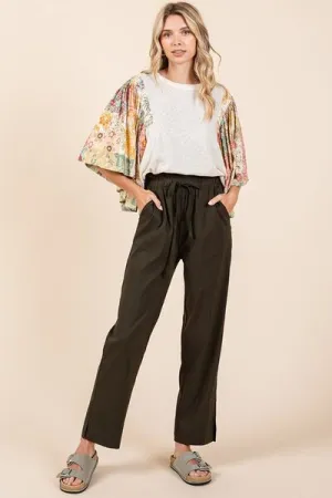 Army Green Paperbag Waist Tapered Straight Pants