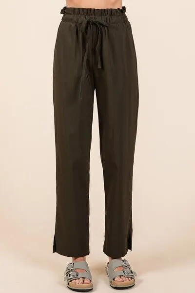 Army Green Paperbag Waist Tapered Straight Pants