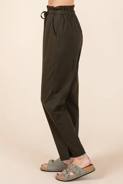 Army Green Paperbag Waist Tapered Straight Pants