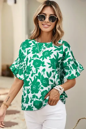 Audrey Floral Printed Ruffled Short Sleeve Round Neck Blouse