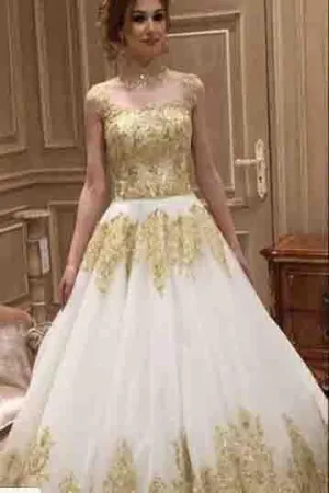 Beautiful Long Train High Neck Romantic Gold Appliques Wedding Dresses PFW0037