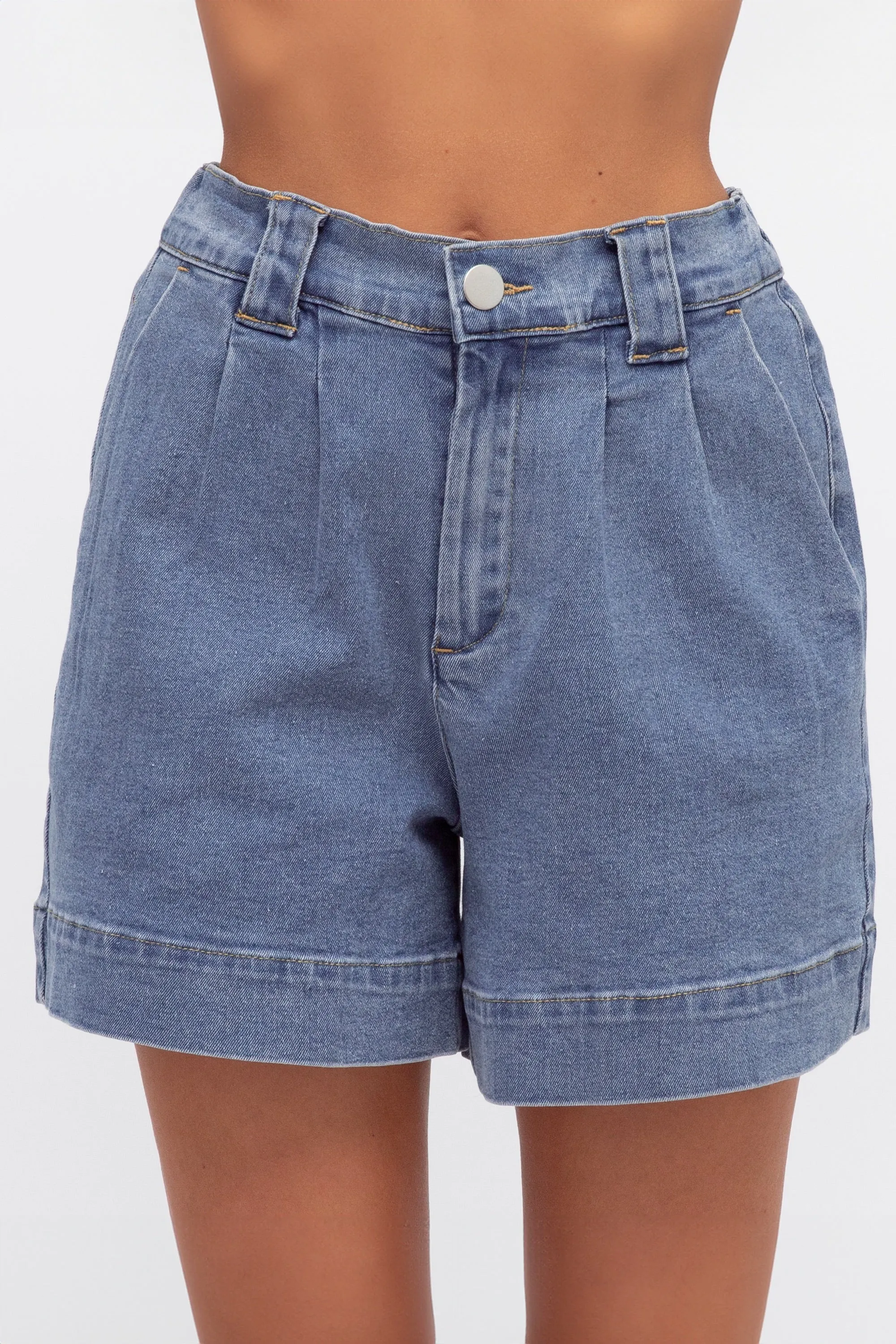 Blaine Denim Shorts - Elasticated High Waisted Boyfriend Shorts in Mid Wash Denim