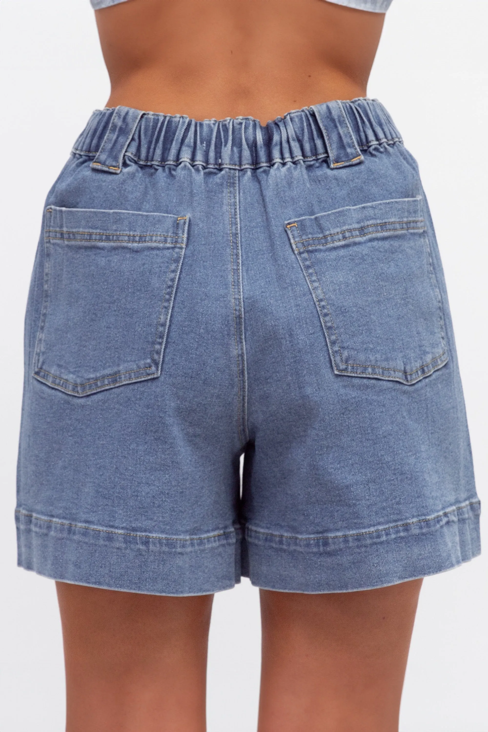 Blaine Denim Shorts - Elasticated High Waisted Boyfriend Shorts in Mid Wash Denim