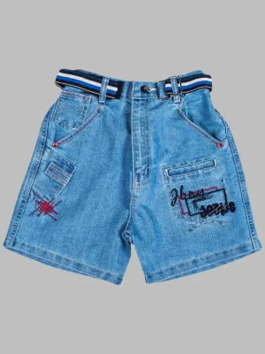 Boys' Light Blue Denim Shorts with Embroidered Pockets and Striped Belt