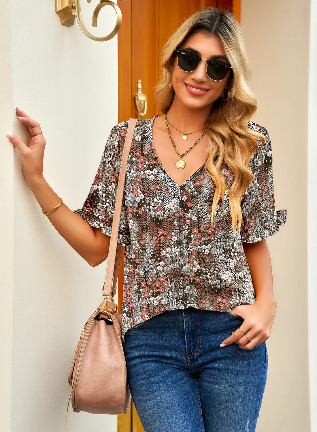 Brown Ruffle Trim Short Sleeves Floral V-Neck Button-Down Top