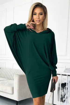 Chic Suede-Texture Hooded Green Bat Dress by Numoco
