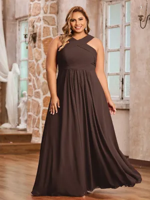 Cross Shoulder Strap Chiffon Dress with Empire Waist Chocolate Plus Size