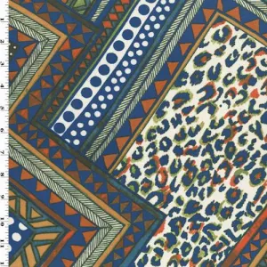 Deep Blue/Green/Multi Mosaic Print Crepe Fabric