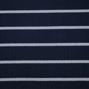 Deep Navy-White Cotton-Poly Stretch Spandex Stripe Rib Knit Fabric