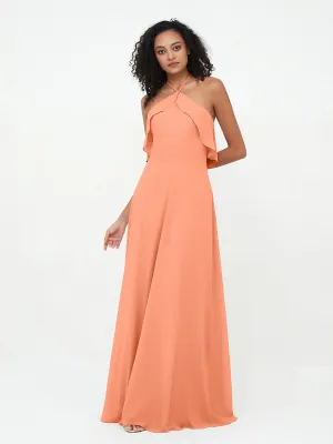 Halter Strap Chiffon Long Bridesmaid Dresses Papaya Plus Size