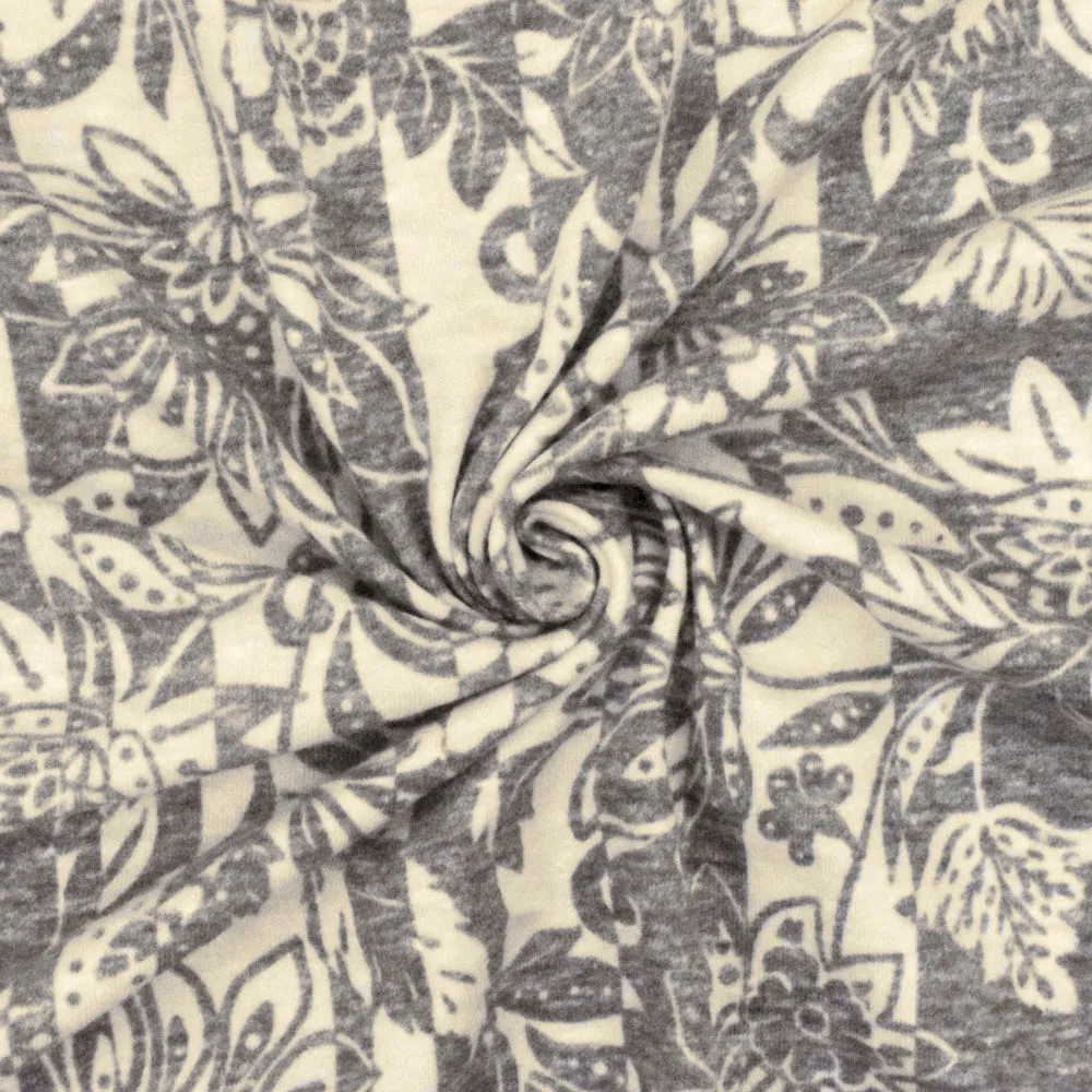 Heather Gray-Beige Floral Stripe Printed Stretch Jersey Knit Fabric
