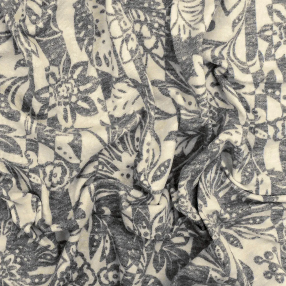 Heather Gray-Beige Floral Stripe Printed Stretch Jersey Knit Fabric