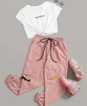 Letter Graphic Tie Front Tee And Flap Pocket Pants