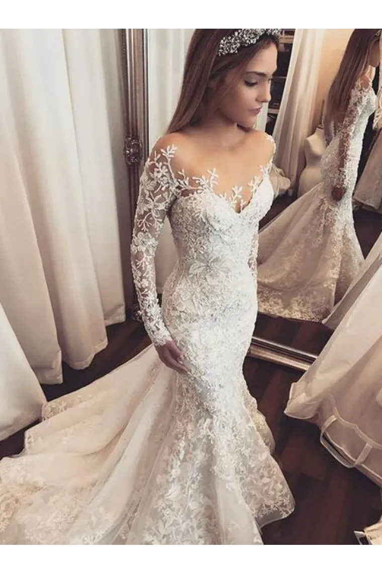 Modest Long Mermaid Scoop Lace Long Sleeves Wedding Dresses Bridal Dresses Appliques