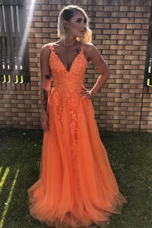 Promfast A Line V Neck Backless Lace Appliques Orange Prom Dresses, Formal Dresses PFP2164