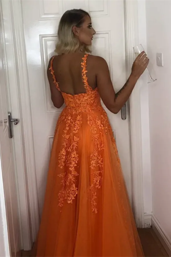Promfast A Line V Neck Backless Lace Appliques Orange Prom Dresses, Formal Dresses PFP2164