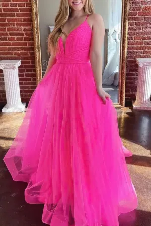 Romantic Long A-Line V-neck Tulle Open Back Prom Dress