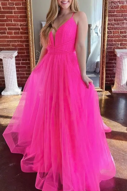 Romantic Long A-Line V-neck Tulle Open Back Prom Dress