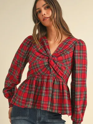 Tartan Front Twist Peplum Blouse