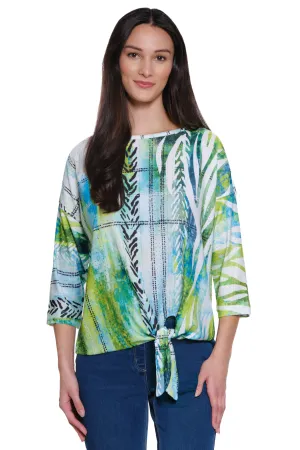 Textured Knit Printed Eyelet Pop Over Tunic - Green Print