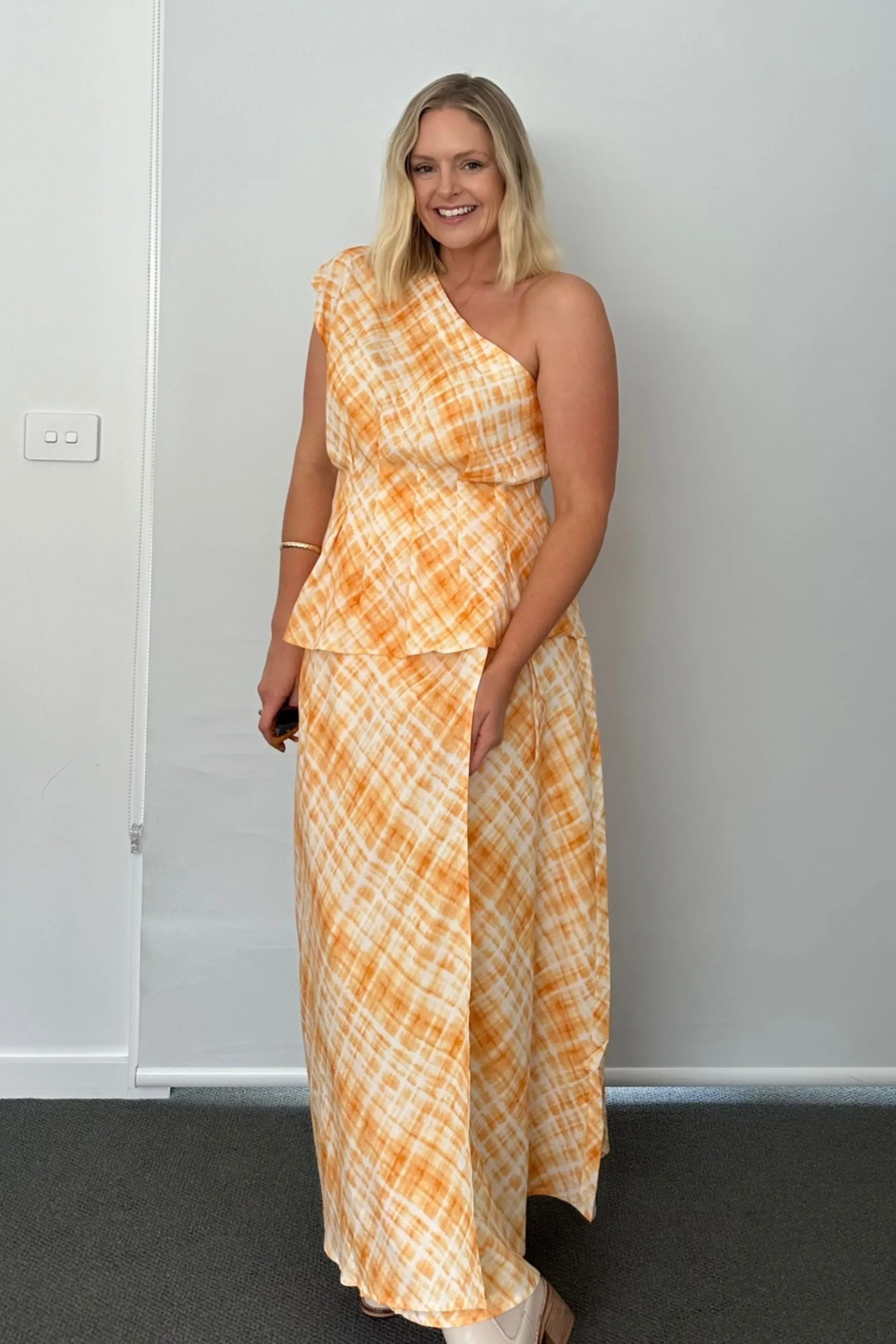 Wrap Midi Skirt - Tangerine Check