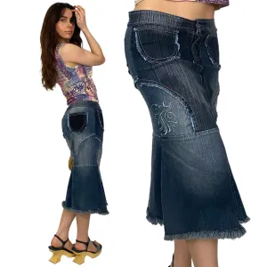 Y2K Fit & Flare Denim Midi Skirt (S)